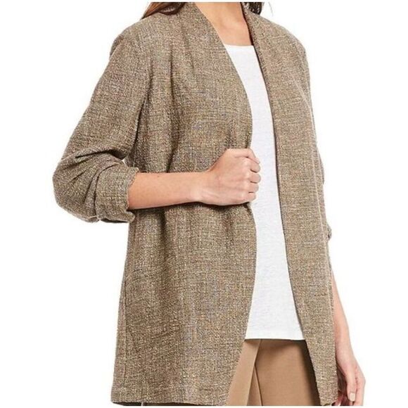 Eileen Fisher Womens Driftwood Cotton Slub Tweed Open Front Blazer Brown Medium